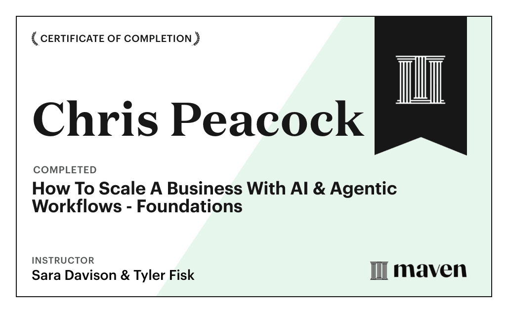 Certificate for How To Scale A Business With AI & Agentic Workflows - Foundations