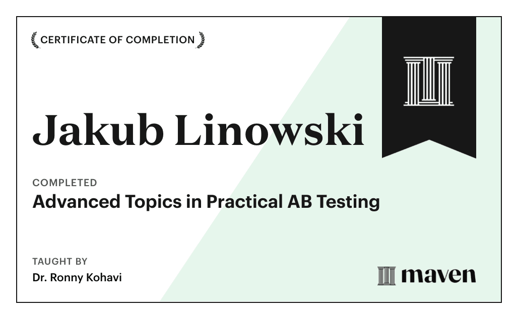 Certificate for Advanced Topics in Practical AB Testing