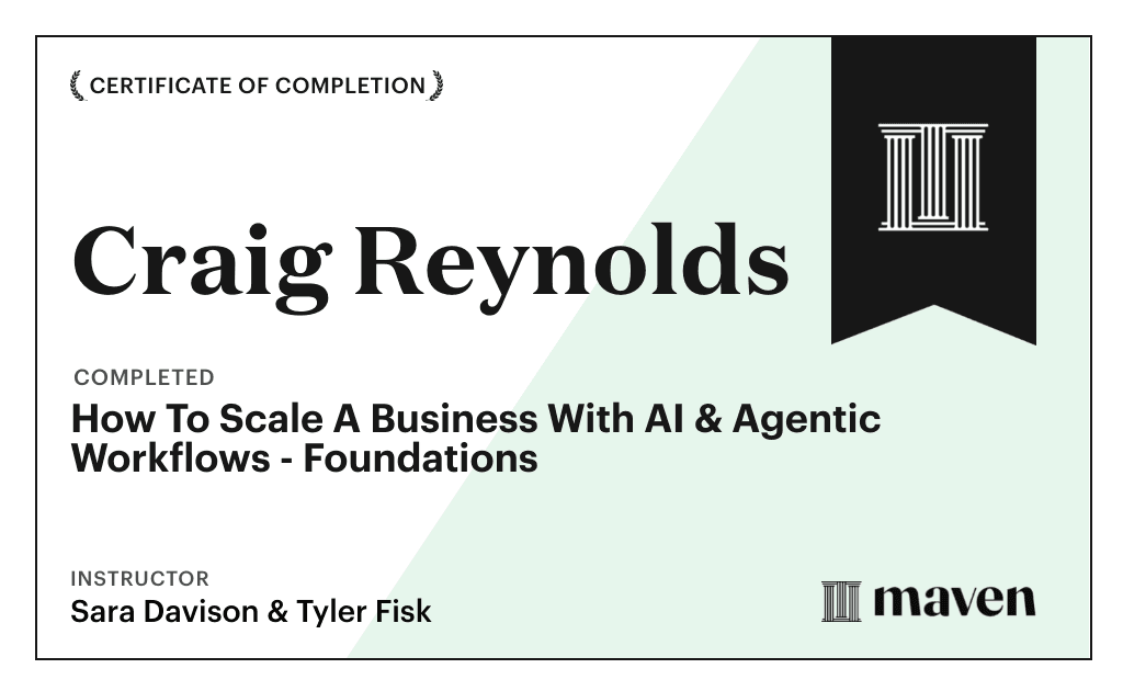 Certificate for How To Scale A Business With AI & Agentic Workflows - Foundations