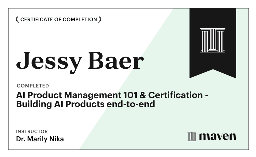 Certificate for AI Product Management 101 & Certification - Building AI Products end-to-end