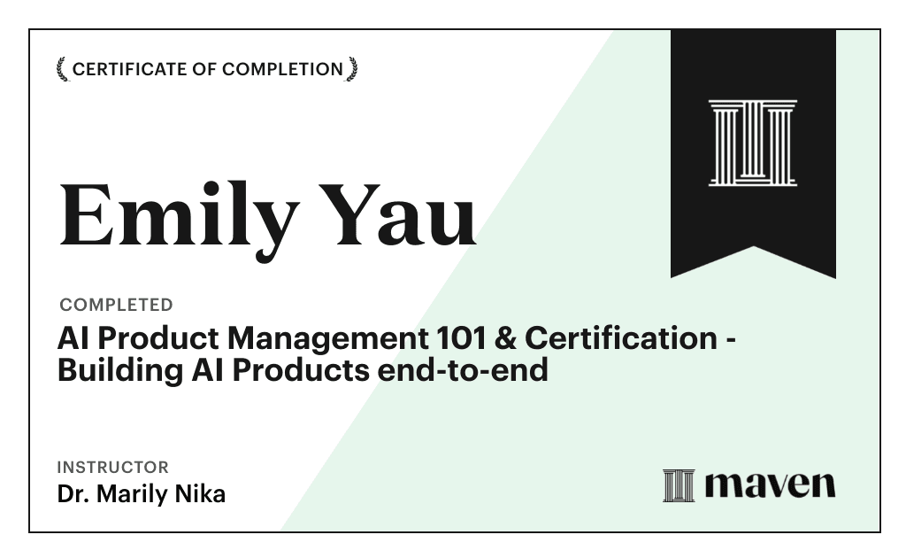 Certificate for AI Product Management 101 & Certification - Building AI Products end-to-end
