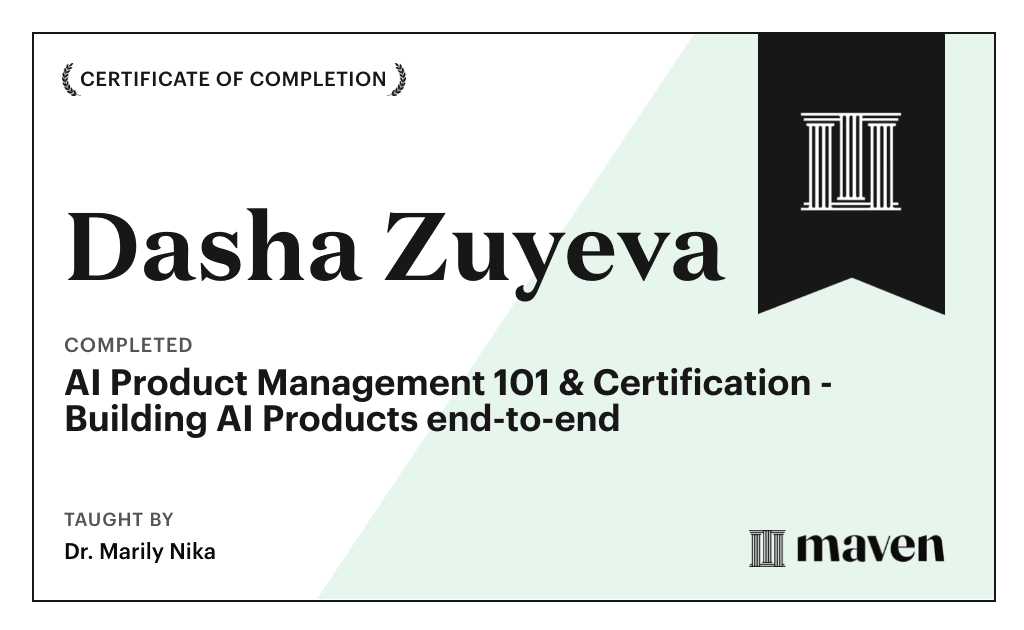 Certificate for AI Product Management 101 & Certification - Building AI Products end-to-end
