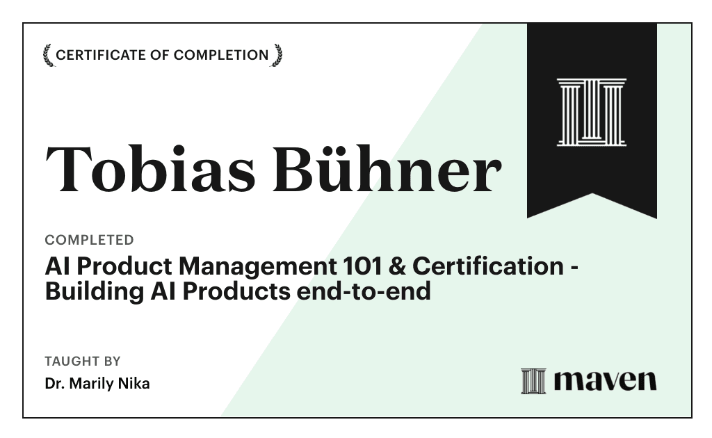 Certificate for AI Product Management 101 & Certification - Building AI Products end-to-end
