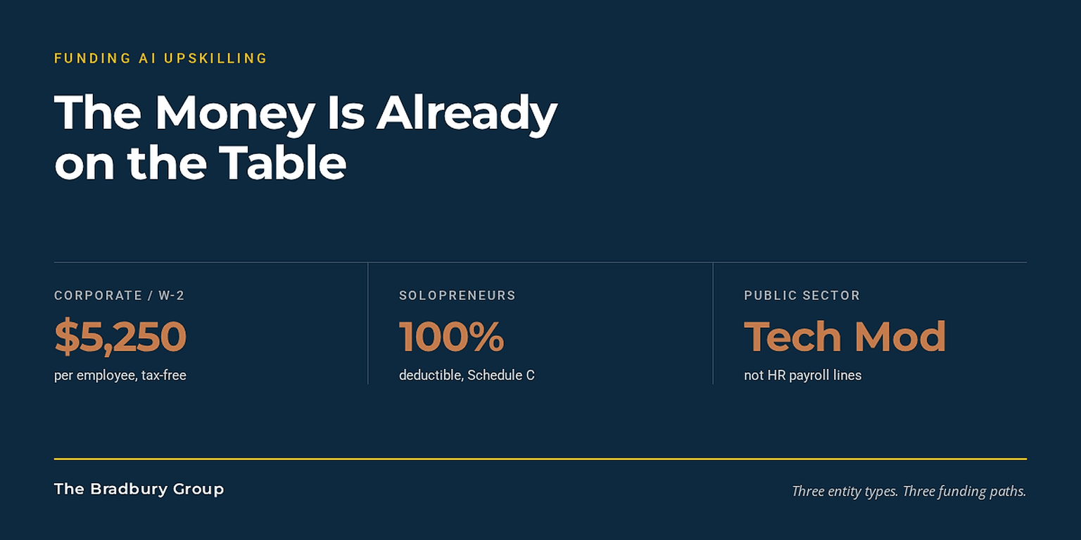 $5,250 tax-free per employee, 100% deductible for solopreneurs, public sector tech modernization.